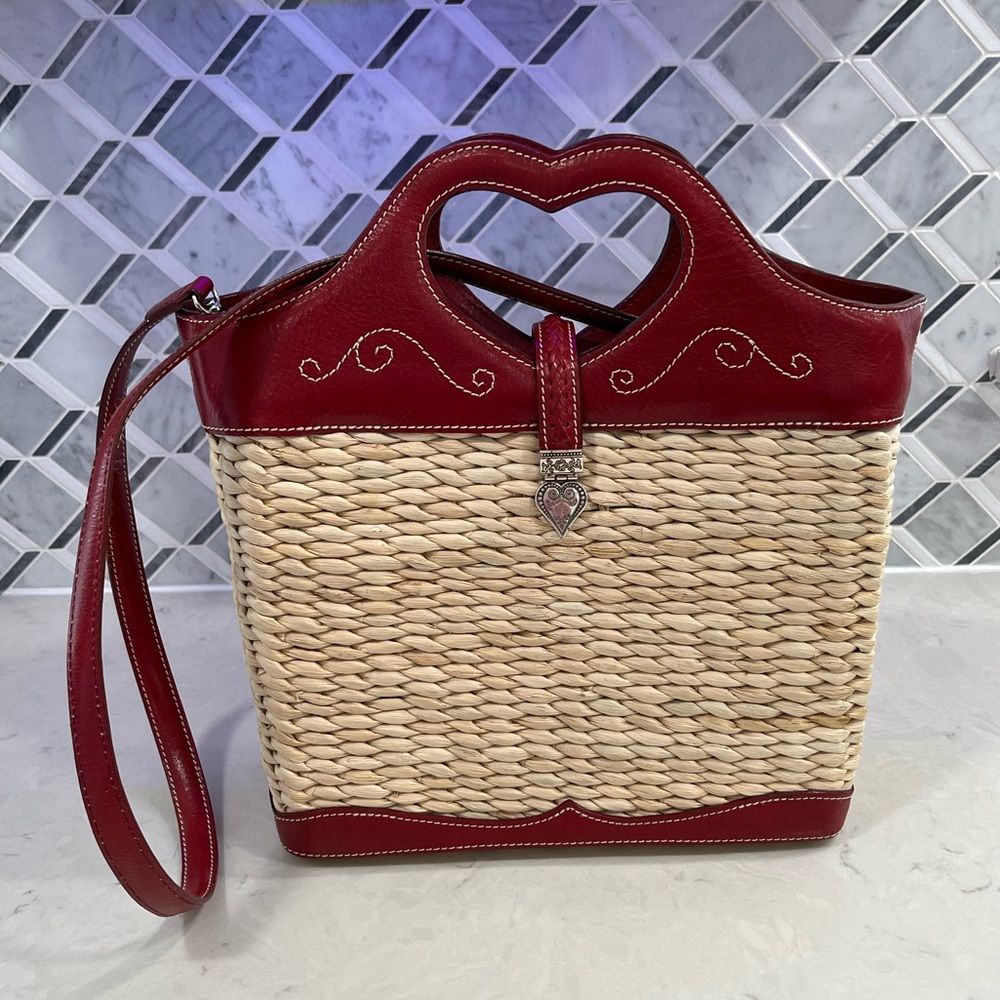 Brighton Straw & Red Leather Top Stitch Bucket Handbag Shoulder Strap Crossbody